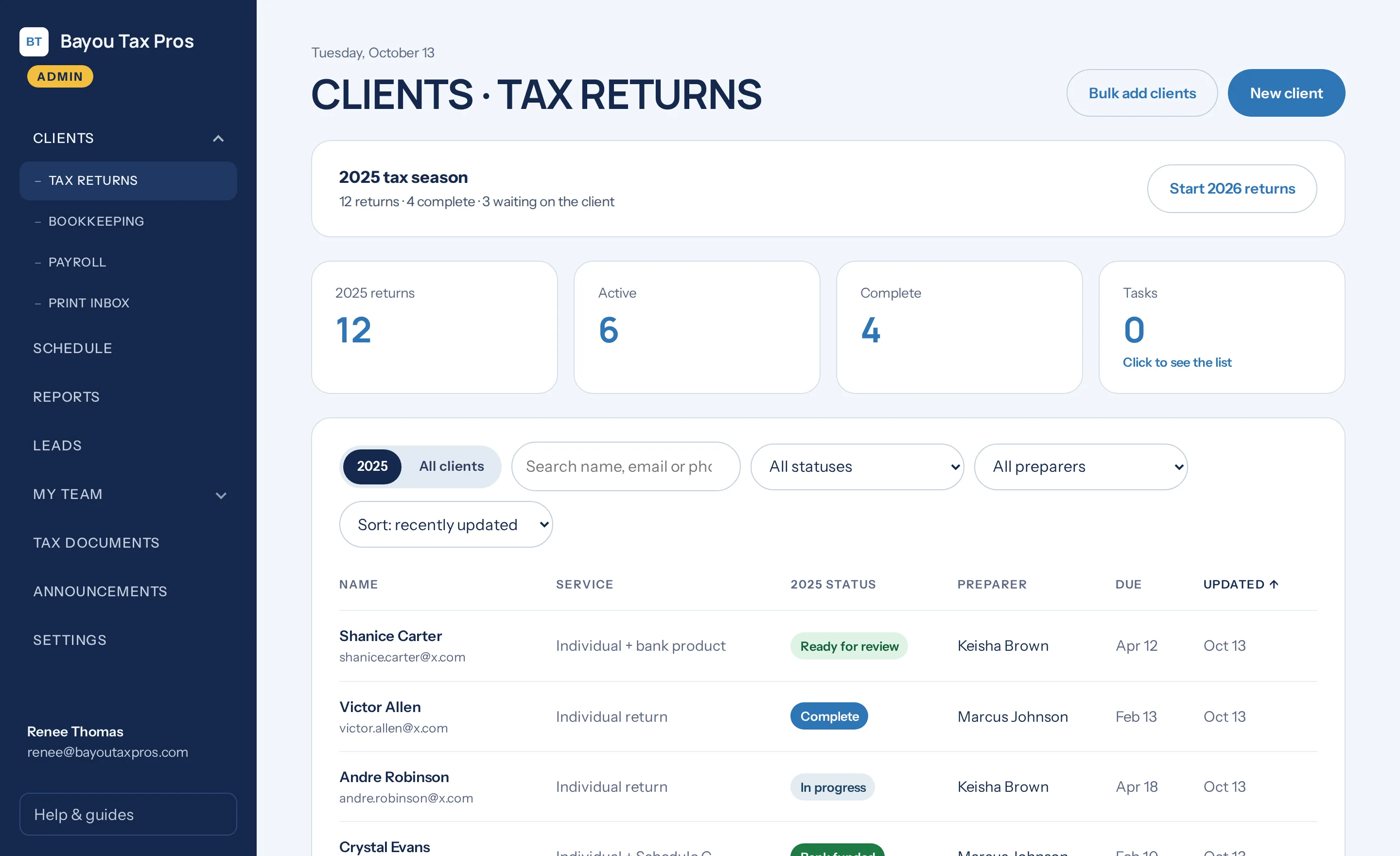 The office side of OfficeFlow Tax: every client’s return with its status, preparer and due date