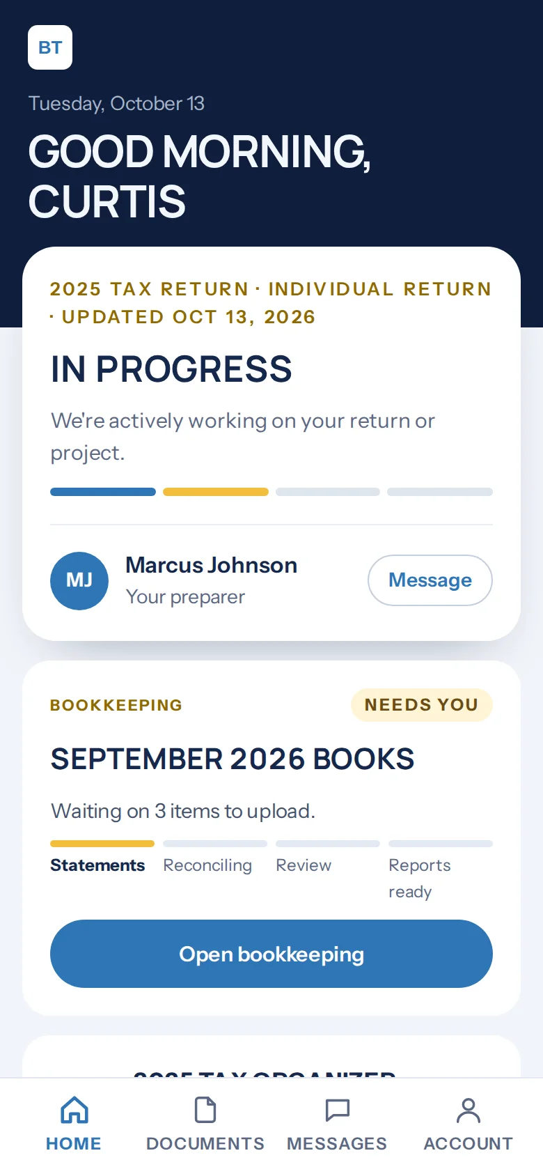 A client’s home screen on a phone, showing their return in progress, their preparer and their bookkeeping